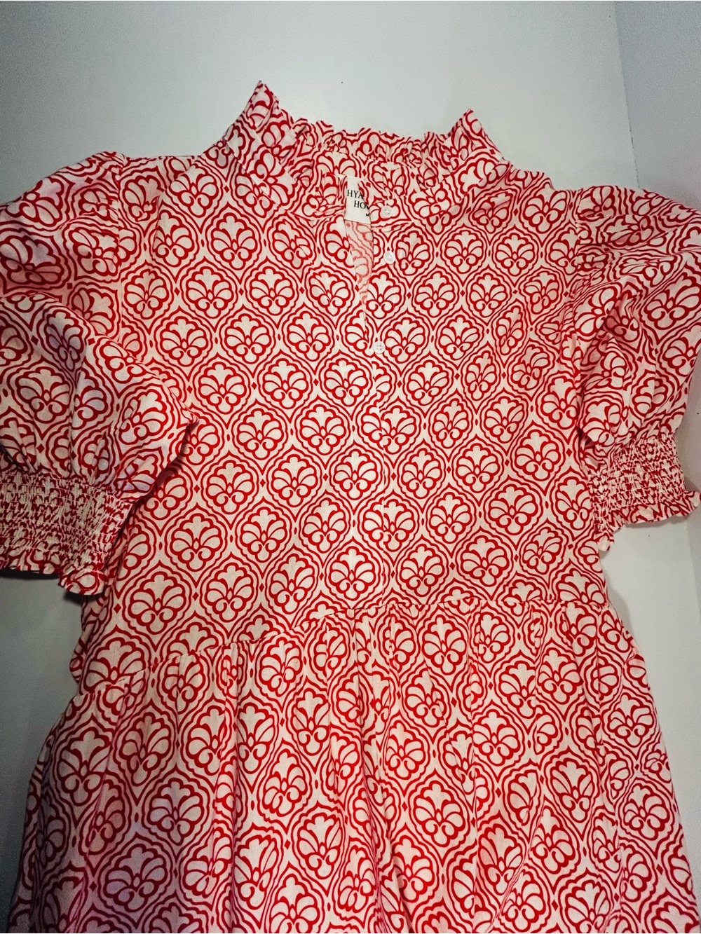 Hyacinth House Tuckernuck Dress M Red White Floral Tiered Midi Puff Sleeve - Picture 4 of 12